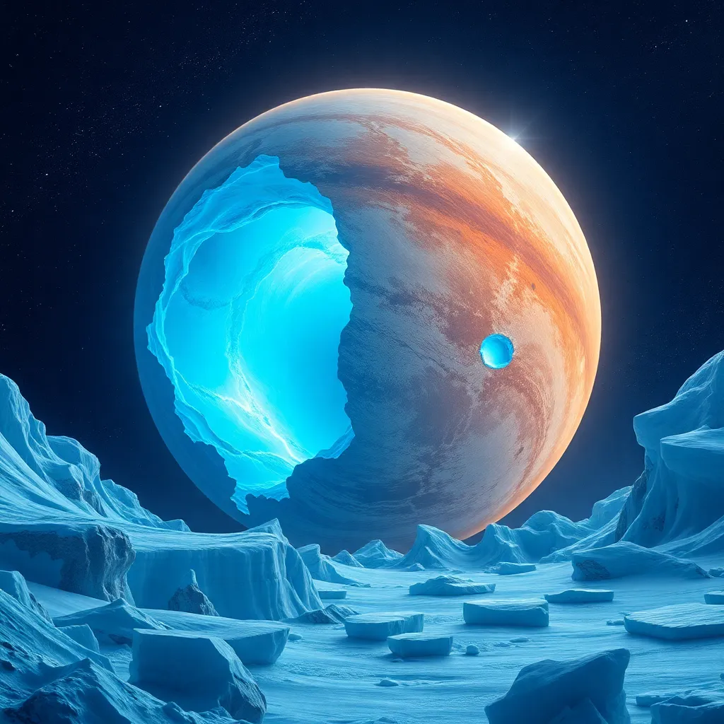 A two-toned planet with a rocky surface in the foreground and a bright light source behind it.