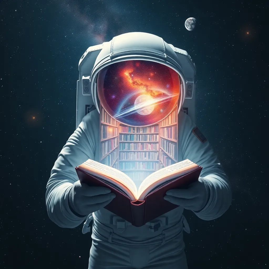 Astronaut holding an open book with glowing light emanating from it.