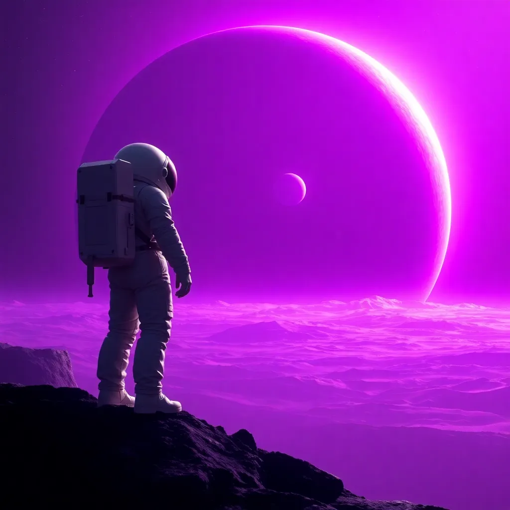 A silhouetted figure in a spacesuit standing on a rocky surface with a bright purple ring and a glowing planet in the background.