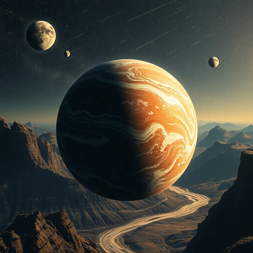 A gas giant planet with orange and brown stripes above a rocky landscape with a river.