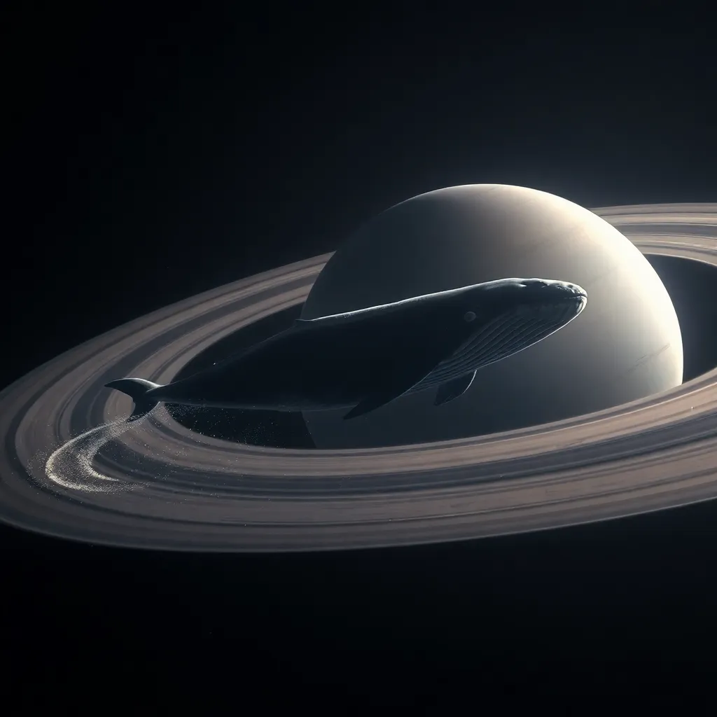 A ringed planet with a shadowed surface and a bright ring against a dark background.