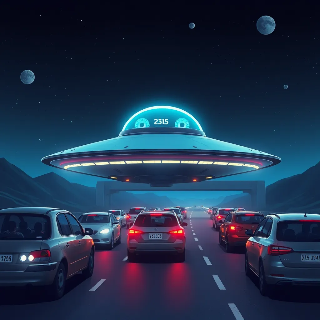 A flying saucer hovering over a line of cars with bright headlights in a dark, starry environment.