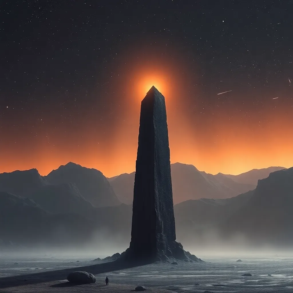 A tall, slender structure emitting light, standing on a misty, rocky landscape with a bright light source behind it.