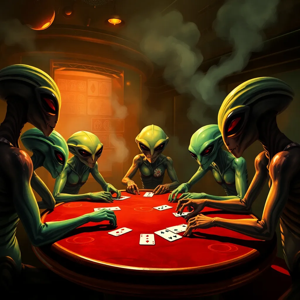 Four figures with glowing eyes sitting around a table playing cards in a dimly lit room.