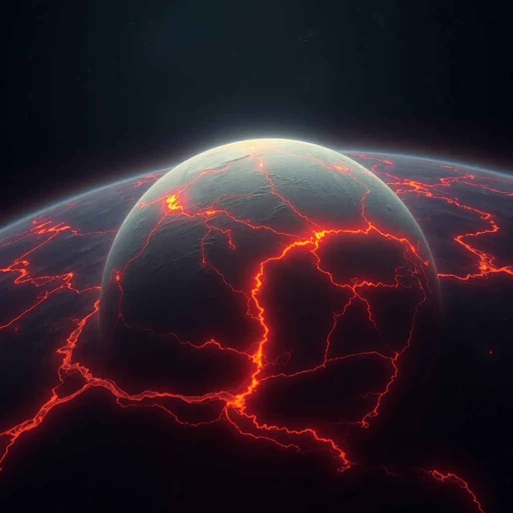 Planet with a dark surface and glowing red cracks, against a dark background.