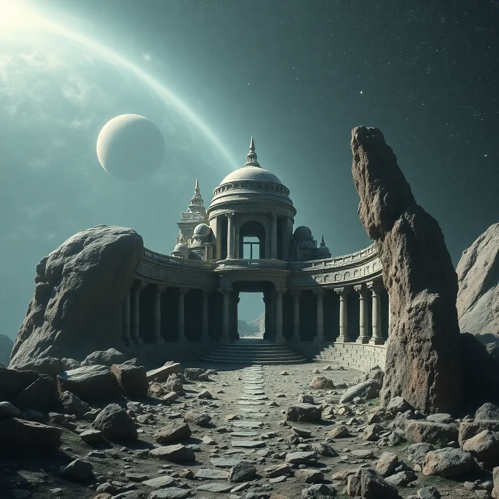 A stone structure with a statue on a rocky, desolate planet with a bright light source.