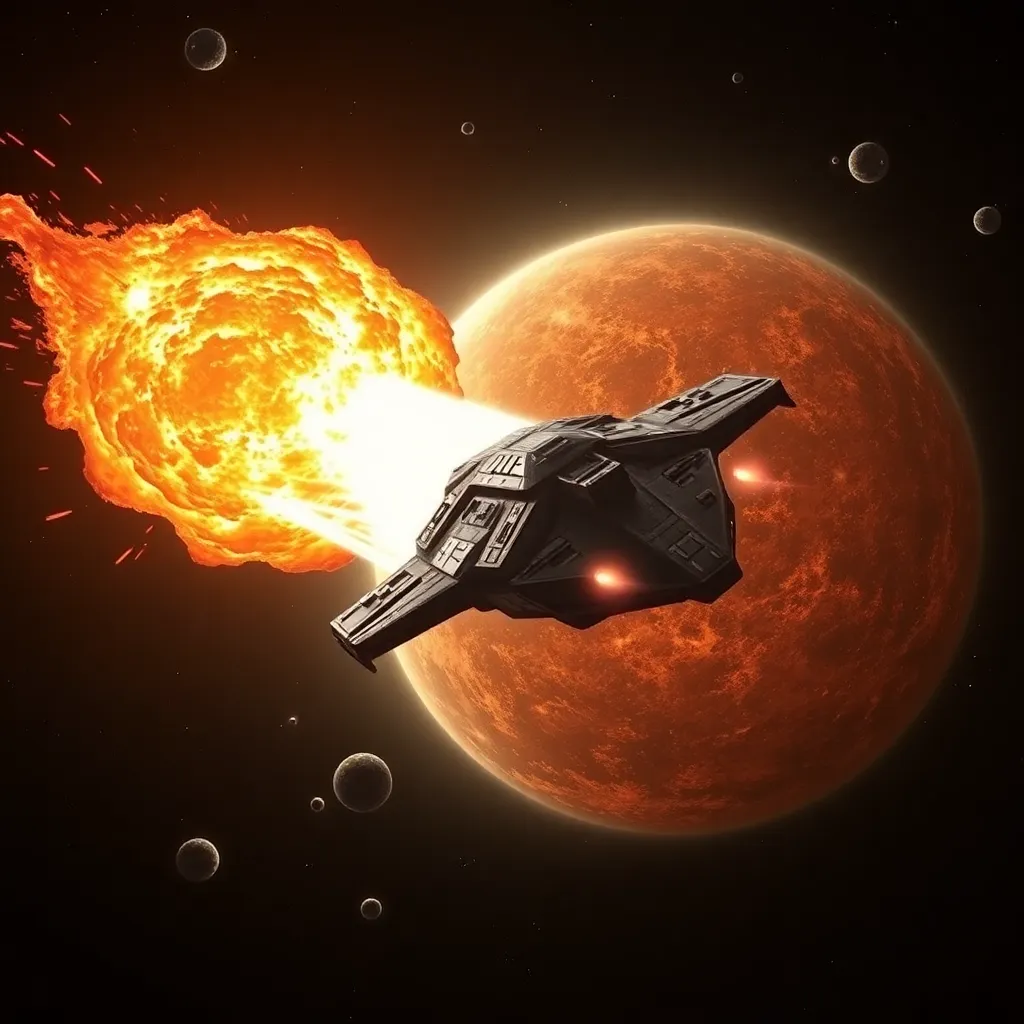 A spaceship flies away from a planet that is exploding with a fiery heart-shaped explosion.