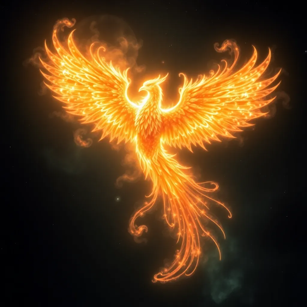 A vibrant phoenix made of flames rises against a dark background.