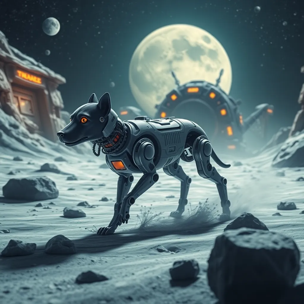 A robotic dog-like creature stands on a rocky surface with a large moon and flying saucers in the background.