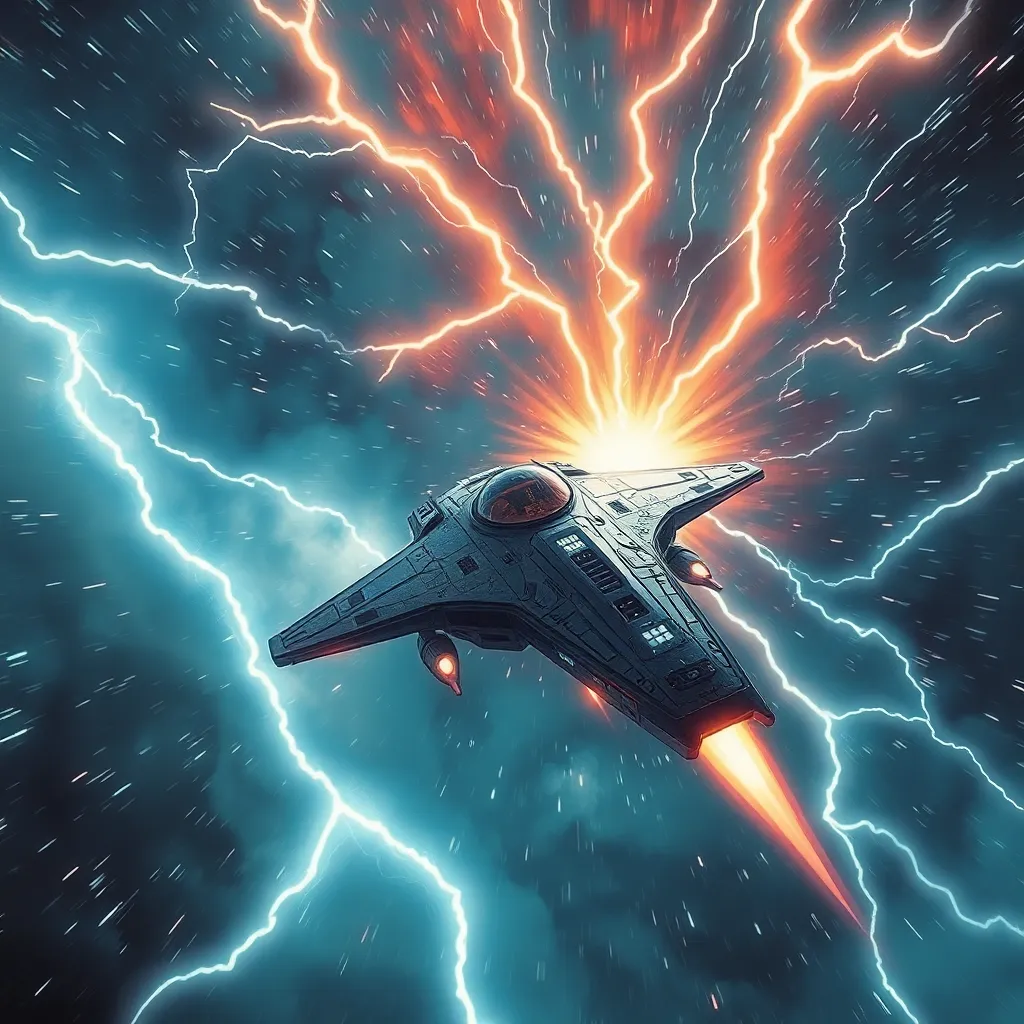 A spaceship flies through a dramatic scene with bright orange lightning bolts against a dark blue and turquoise background.