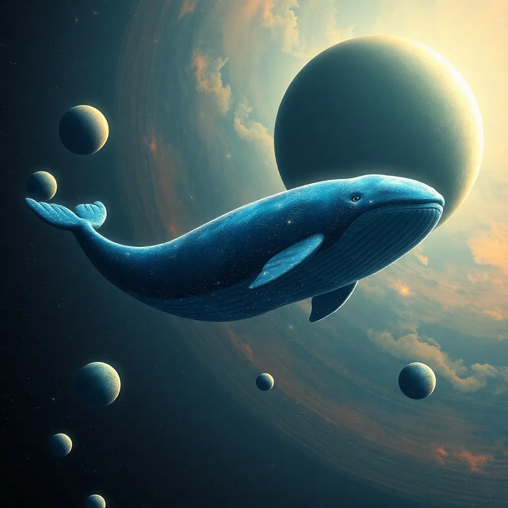 A blue whale swimming in space with a planet and stars in the background.