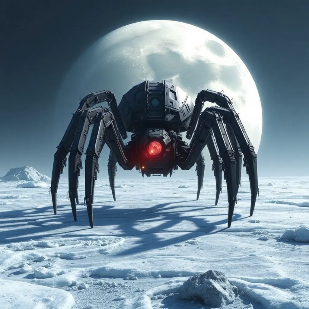 A large, spider-like creature with glowing red eyes on a snowy, icy surface with a bright moon in the sky.