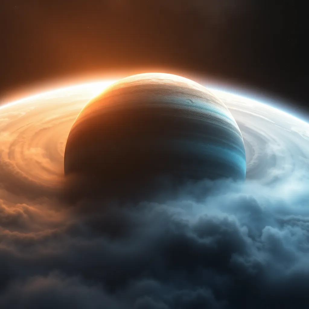 Planet with rings and a swirling, cloudy atmosphere, with a bright light source behind it.