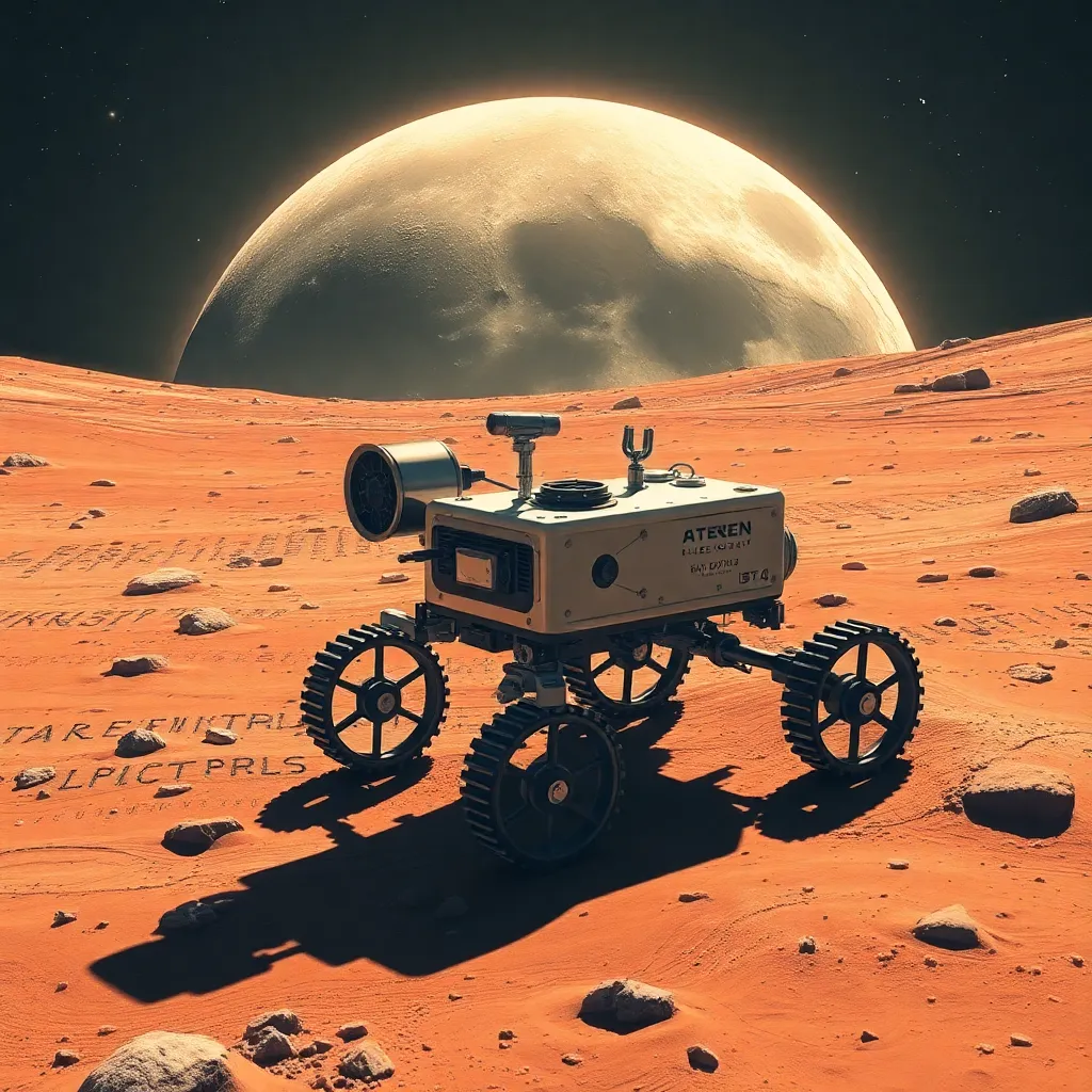 A rover on a red, rocky surface with a large moon in the sky.