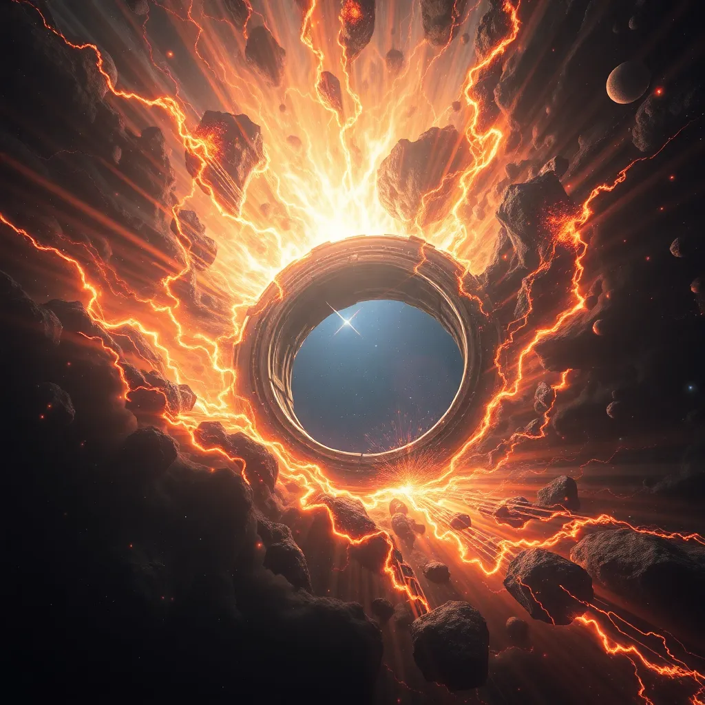 A sphere with a dark center surrounded by fiery, electric-like tendrils.