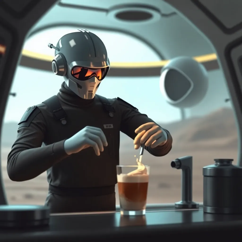 Figure in a futuristic suit and goggles preparing a drink at a counter, with a blurred background.