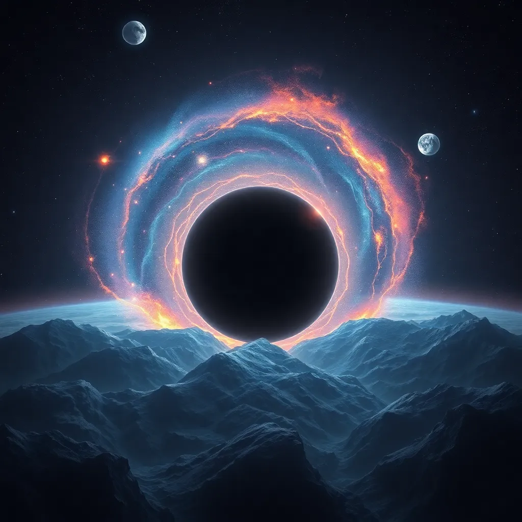 Black hole at the center of a swirling nebula with a rocky landscape in the foreground.