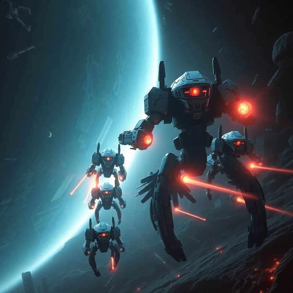 Large robotic figures against a planet with a blue atmosphere.