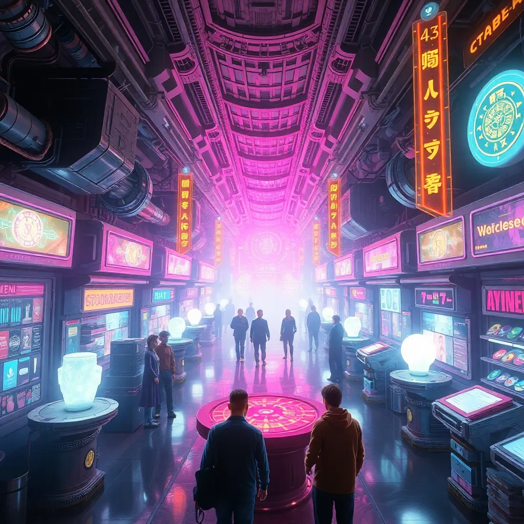 Futuristic corridor with glowing neon lights and figures walking away.