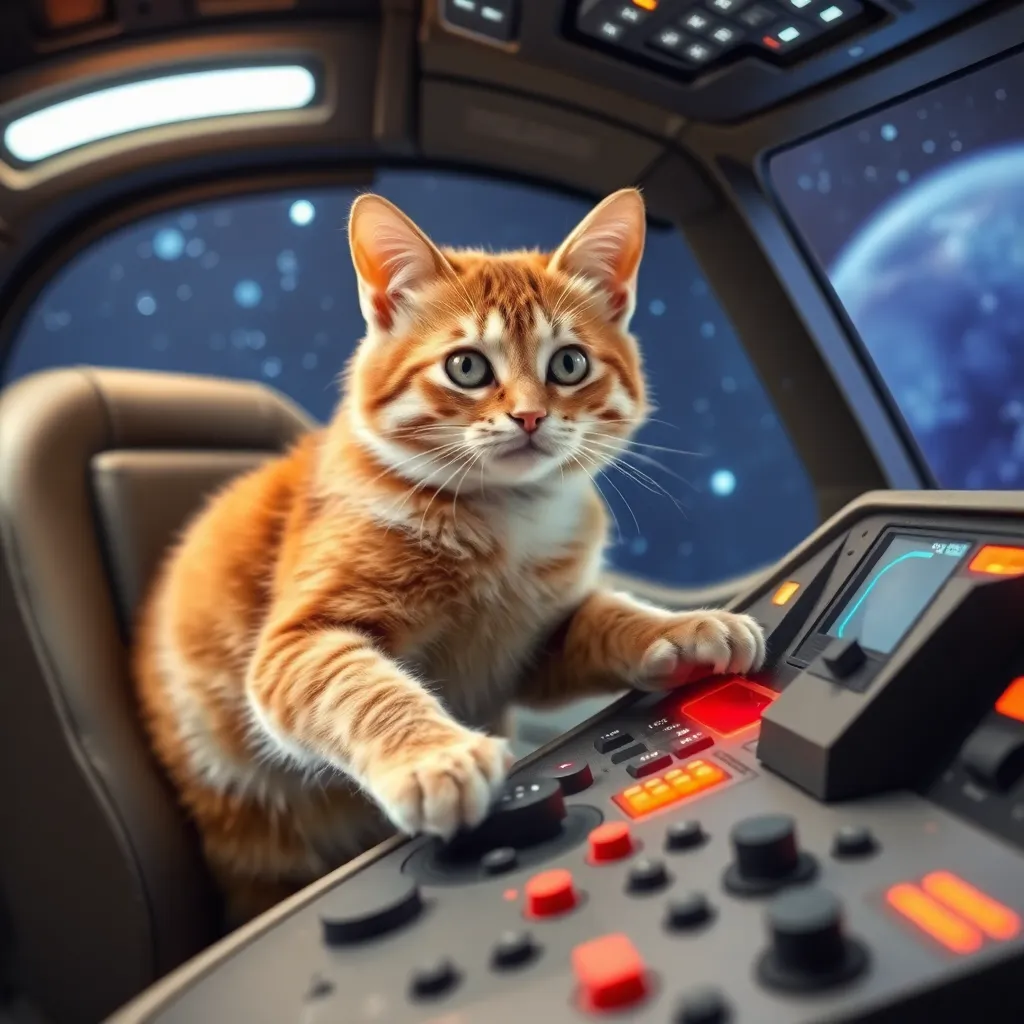 A ginger cat wearing a spacesuit sits in a spaceship cockpit with a futuristic dashboard.