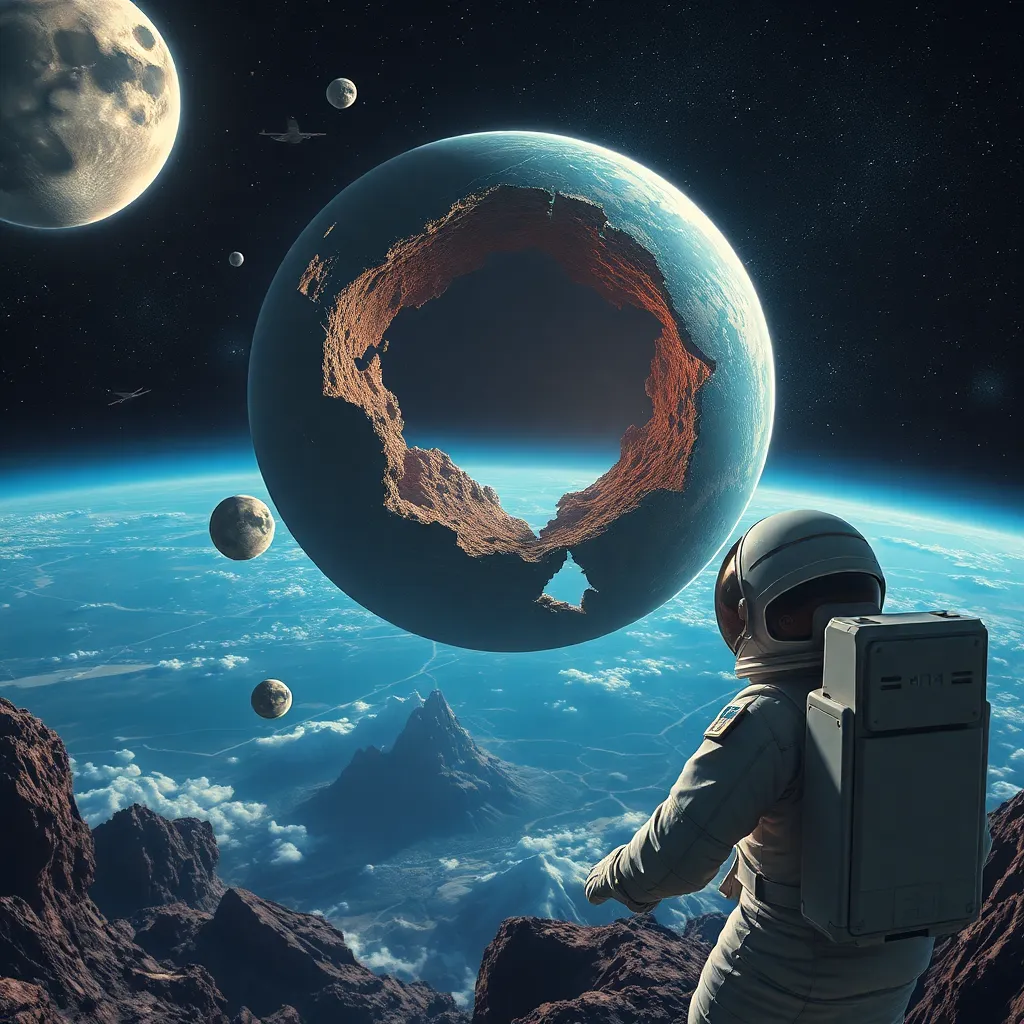 An astronaut in a spacesuit looks at a ringed planet with a large hole in it, with Earth-like features in the background.