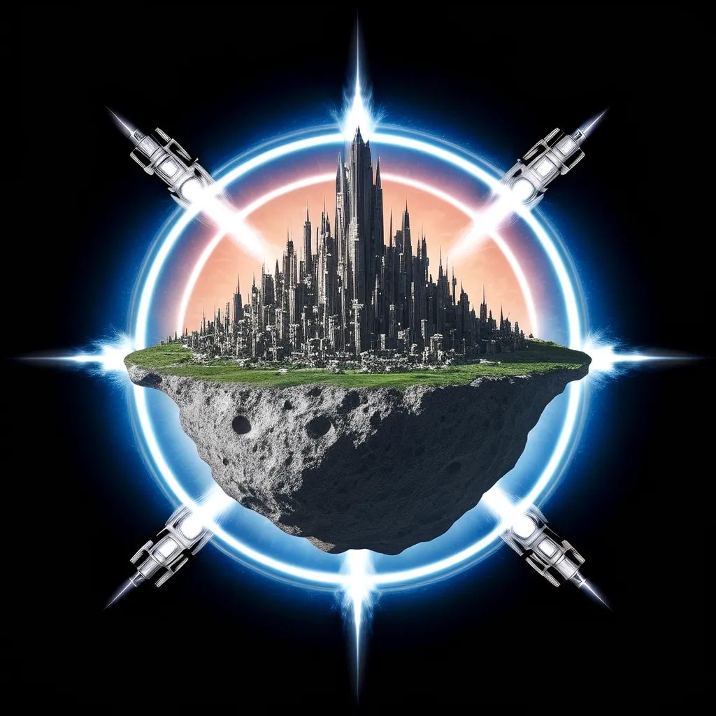 A city with tall spires on a floating asteroid, surrounded by a glowing blue ring and starburst pattern against a black background.