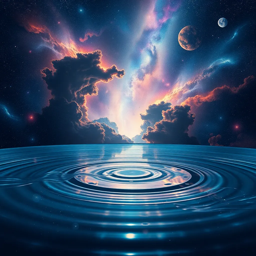 Ripples in water with a dramatic, colorful cosmic sky reflected above.