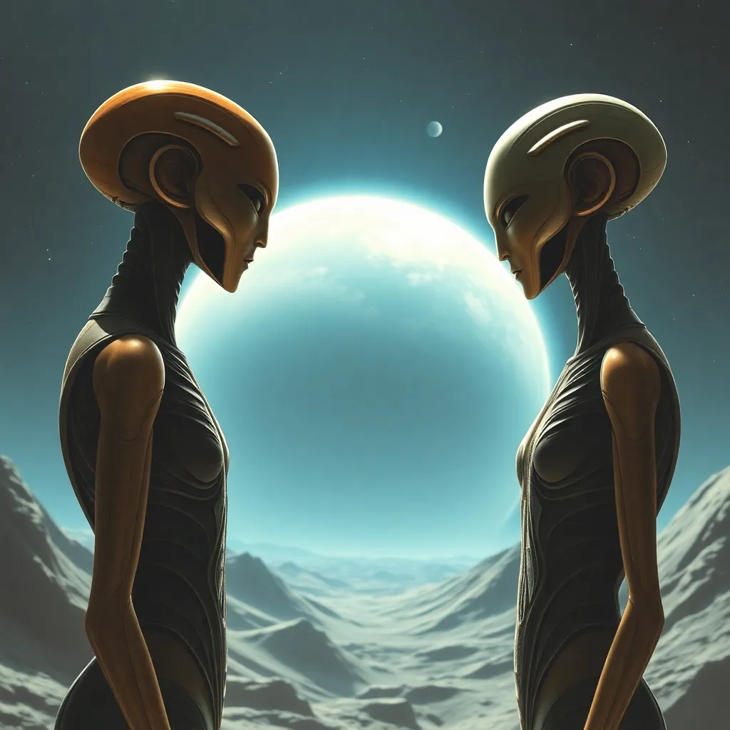 Two tall, slender alien figures with large, elongated heads stand facing a bright, round planet.