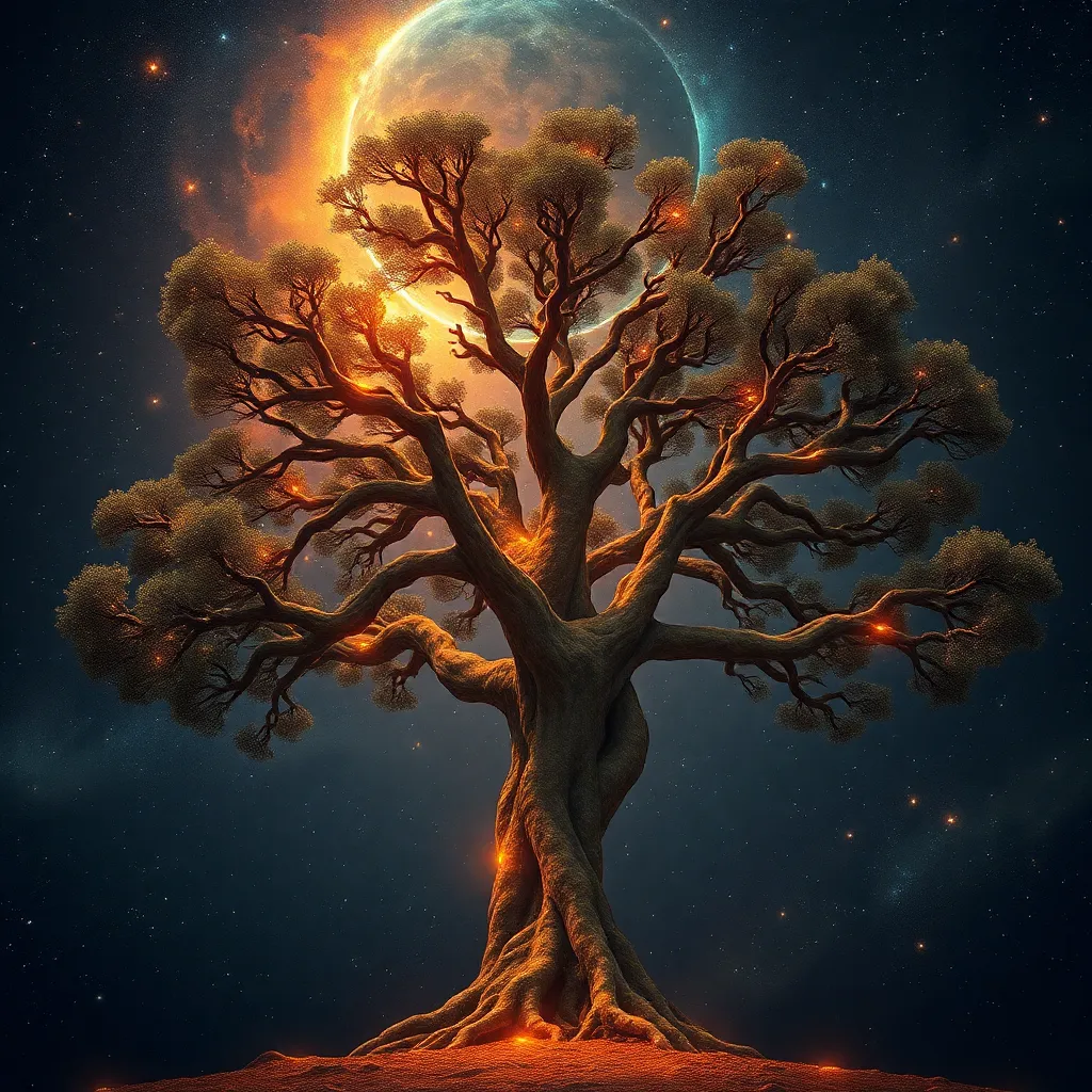 A tree with glowing orange leaves stands against a backdrop of space and a distant planet.