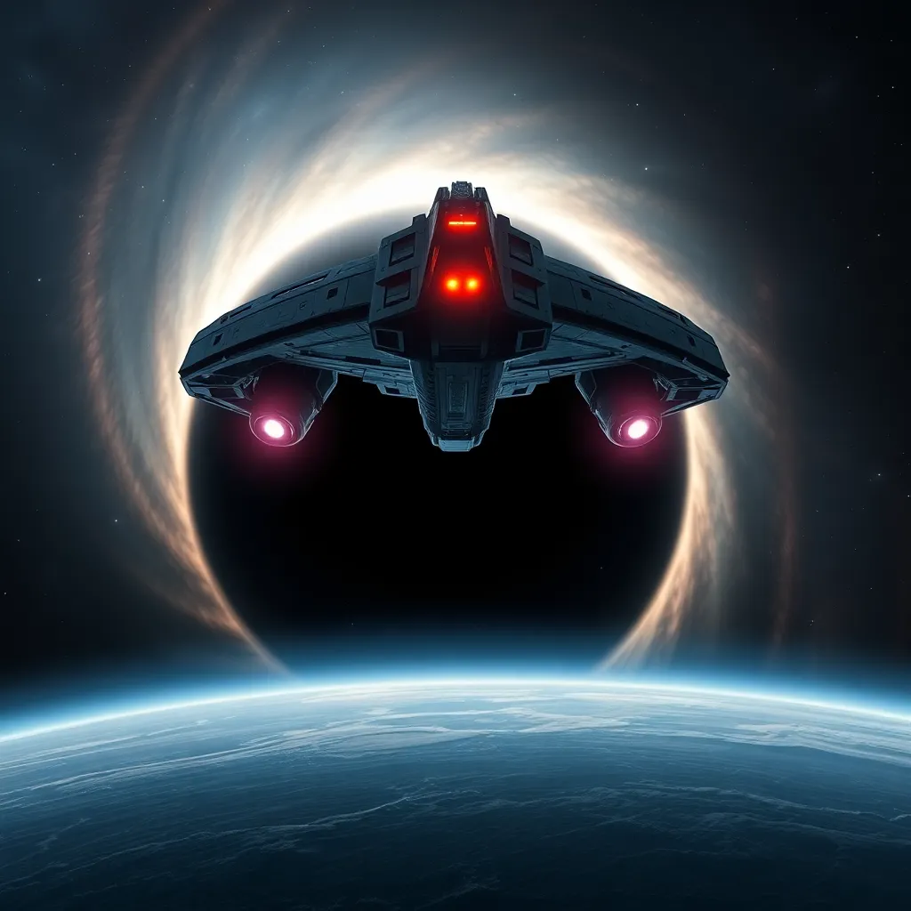 A dark spaceship with red lights hovers over a blue planet with rings and a dark eclipse-like area.