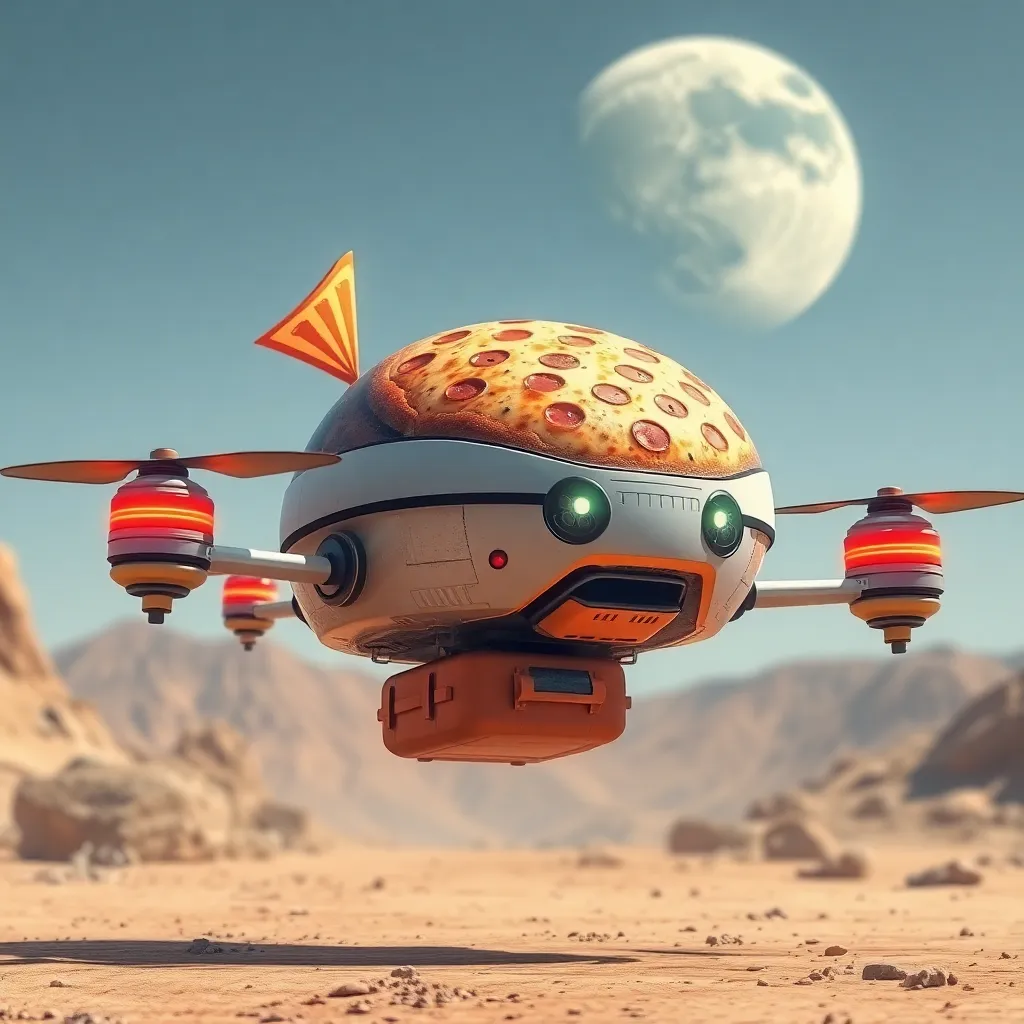 A small, orange robot with a patterned hat flies over a desert landscape with a moon in the background.