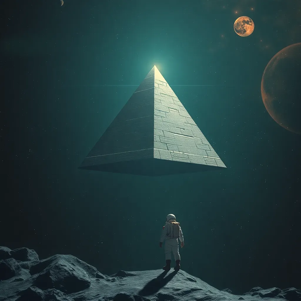 A white pyramid on a rocky, desolate planet with a bright light source in the background, and a small figure standing nearby.