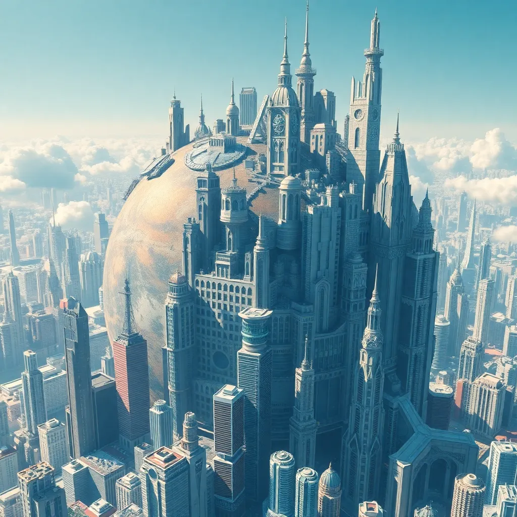 A futuristic city with tall spires on a planet, with a blue sky and distant buildings.