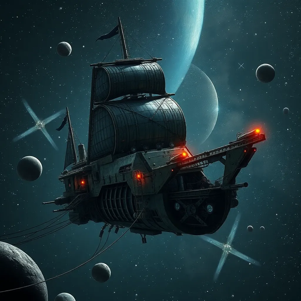 A dark, old-fashioned pirate ship floats in space, with planets and stars in the background.