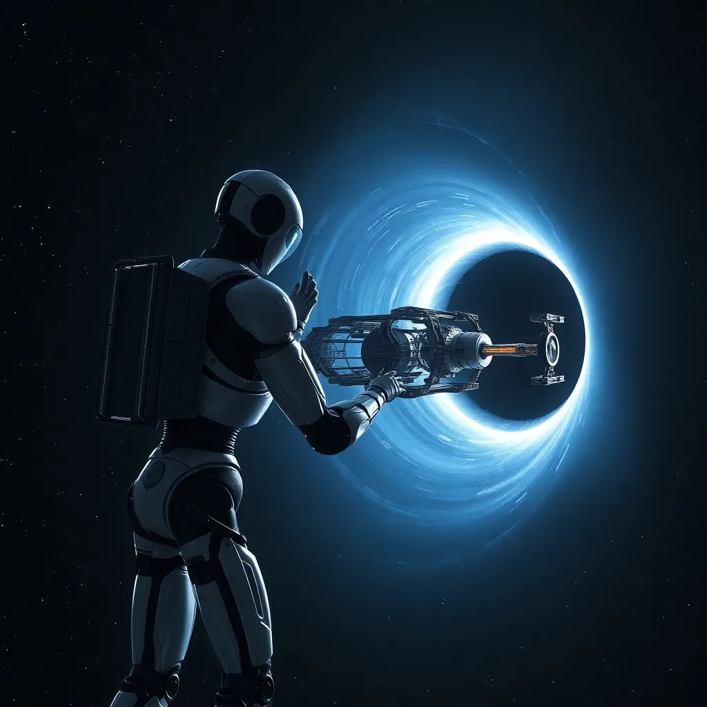 Two figures, possibly astronauts, standing in front of a black hole with a glowing ring.