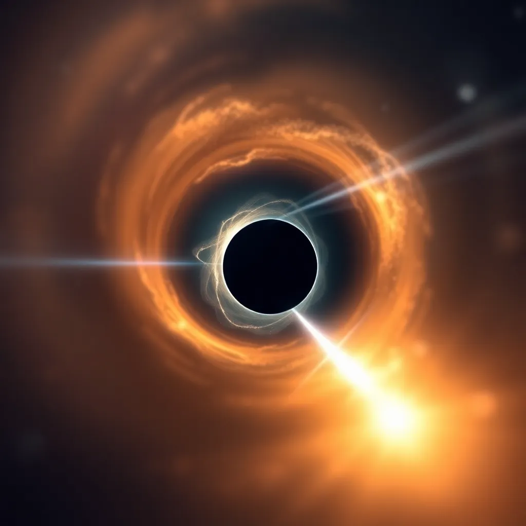 A black hole surrounded by swirling light and energy, creating a vortex effect.