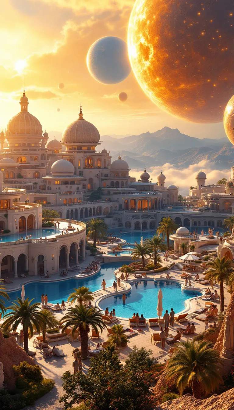 Cityscape with domes and a pool of water, with planets and a bright light source in the sky.