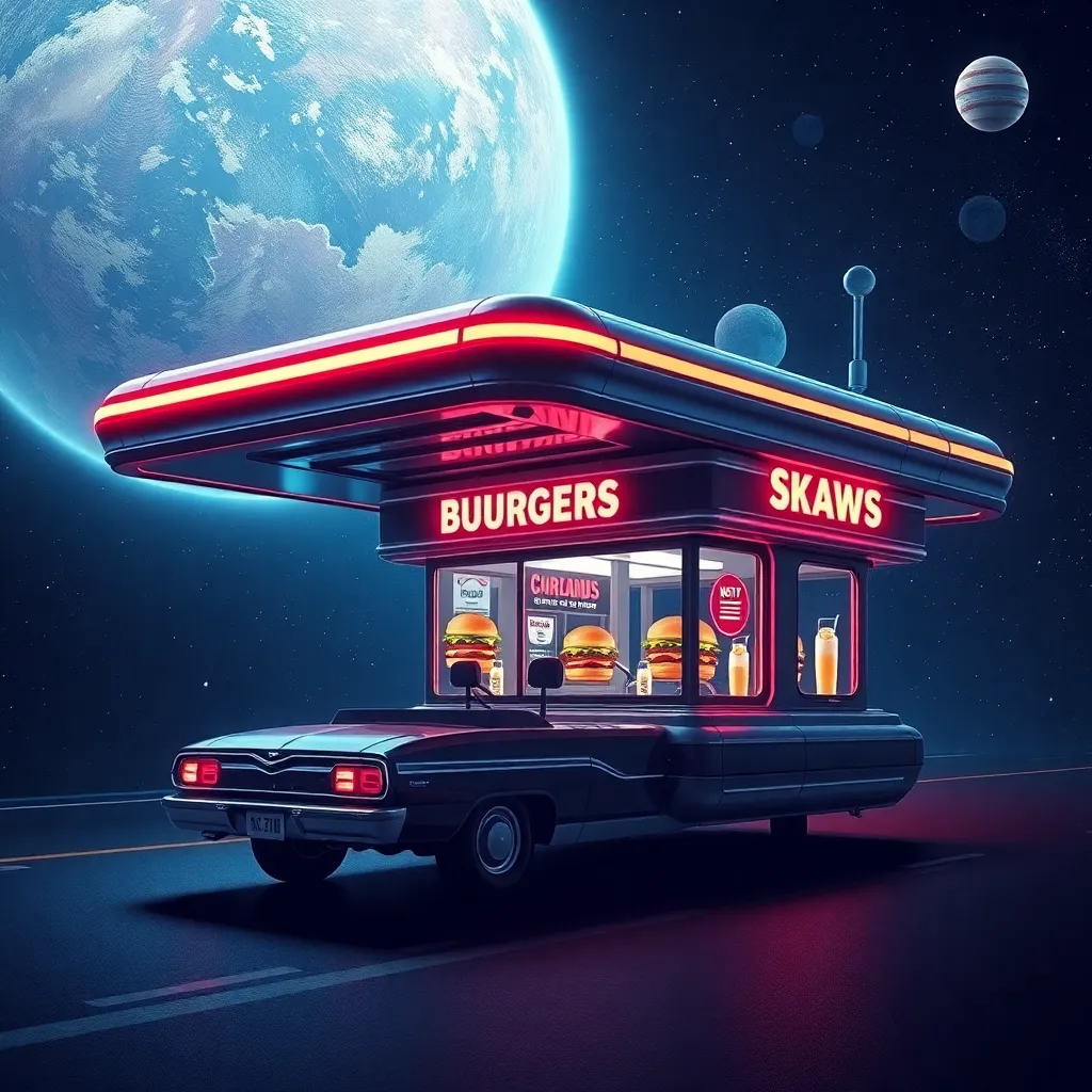 A retro-style diner on wheels parked in space against a backdrop of a planet and stars.