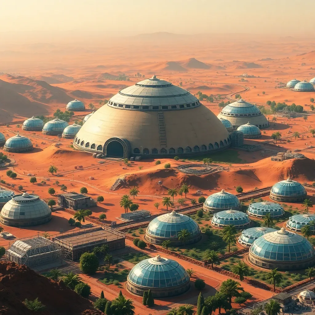 A desert landscape with dome-shaped structures, possibly an alien settlement.