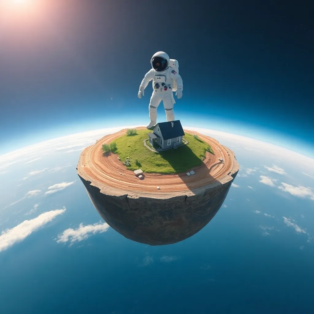 An astronaut standing on a small, spherical landmass floating in space above Earth.