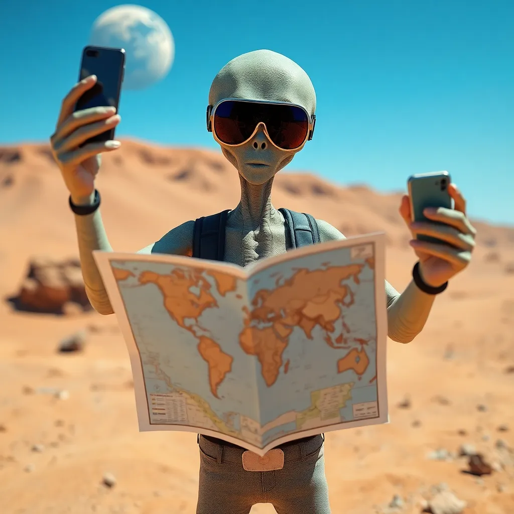 An alien figure on a desert planet holding a map and a strange device.