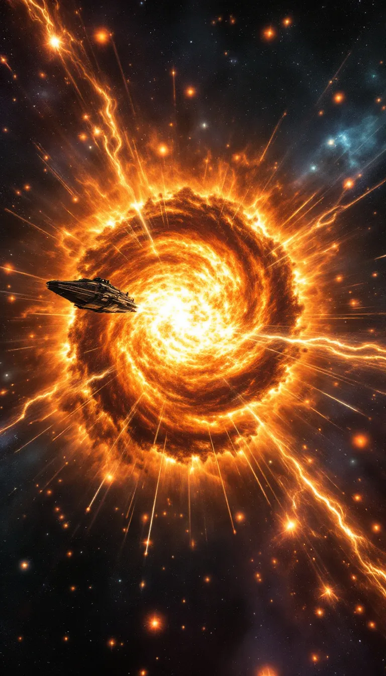 Explosion or burst of bright orange light and sparks against a dark space background.