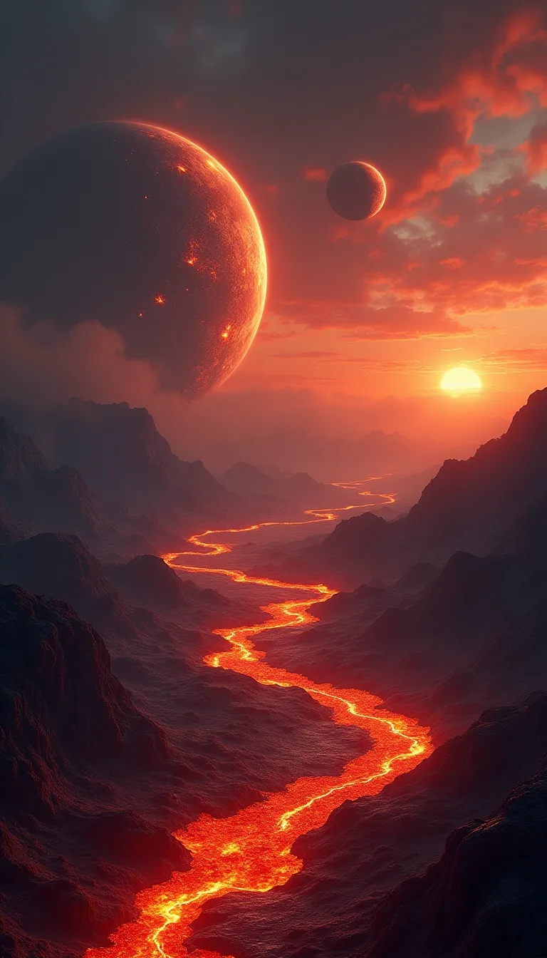 Red, fiery landscape with a river of lava leading towards a sunset and two planets in the sky.