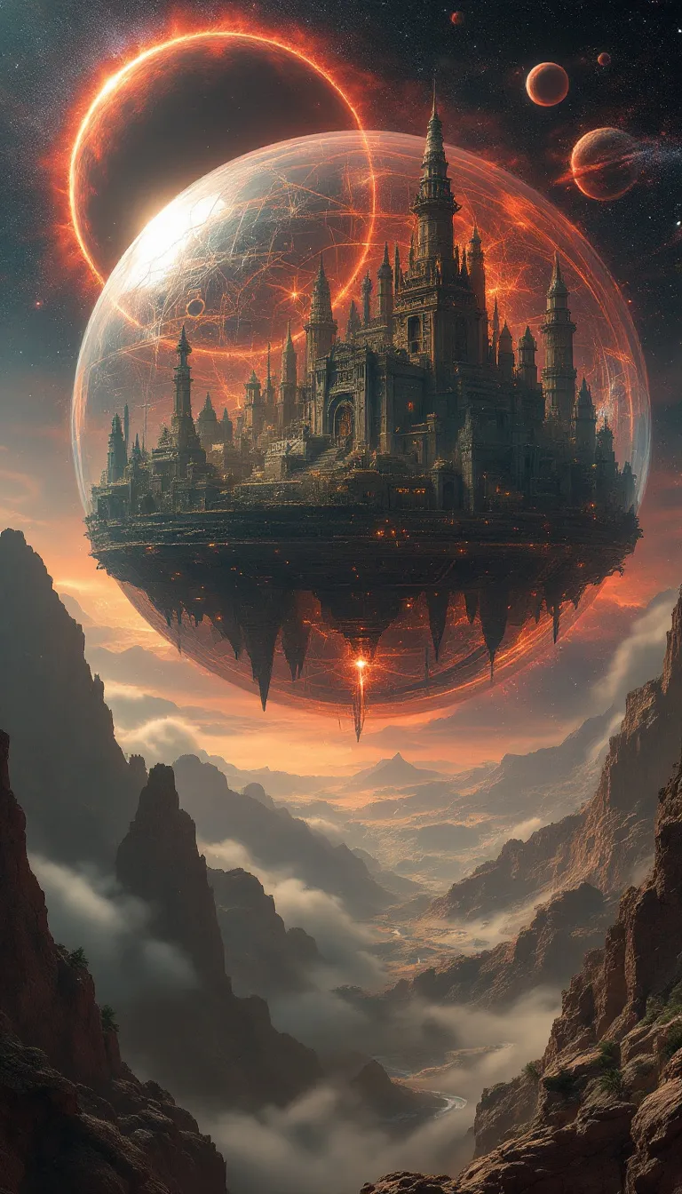 Glass sphere with a city inside, surrounded by glowing rings and against a backdrop of clouds.