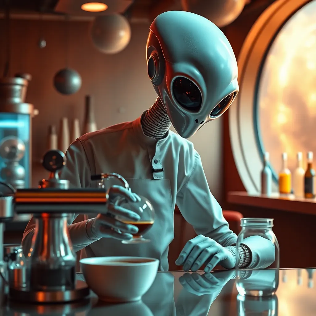 Tall, gray alien with large eyes standing at a bar with bottles and glasses.