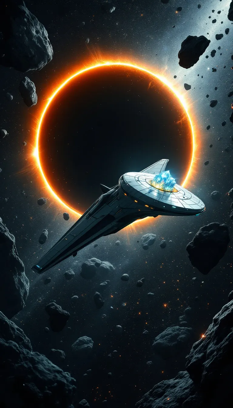 Spaceship flying through space with a glowing orange ring and asteroids.