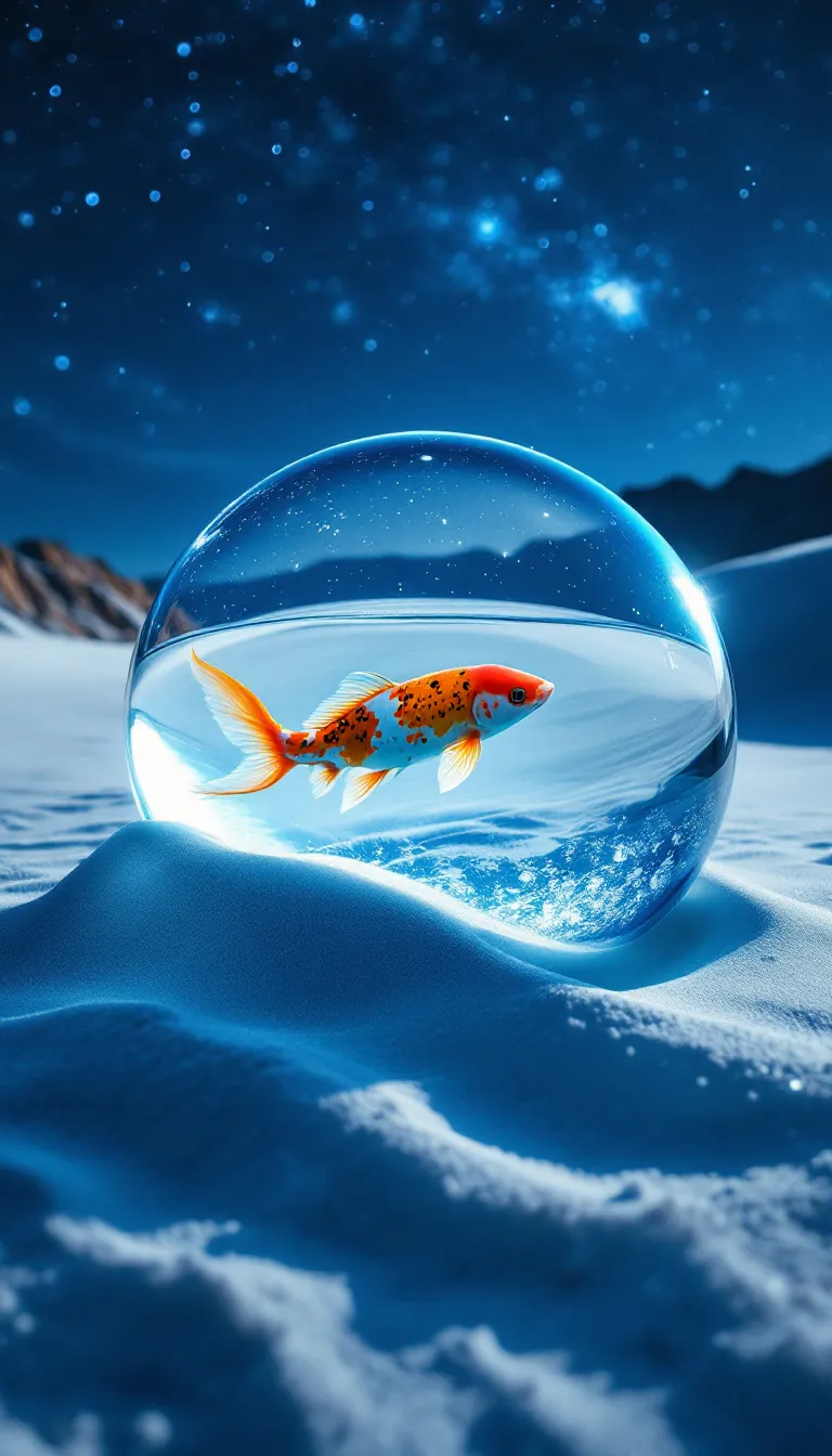 Goldfish swimming in a glass orb on a snowy surface with a starry night sky.