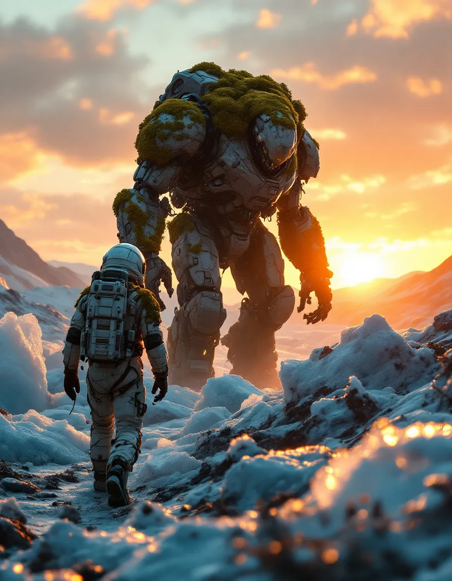 Large, moss-covered creature walking alongside a human figure on a rocky landscape at sunset.