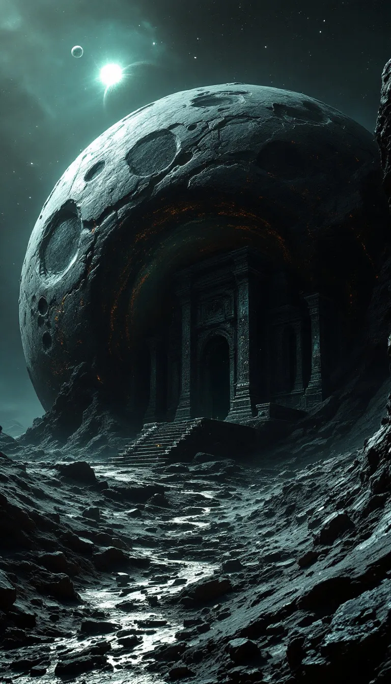 Large, dark, textured dome-like structure on a rocky, desolate surface with a faint light in the sky.