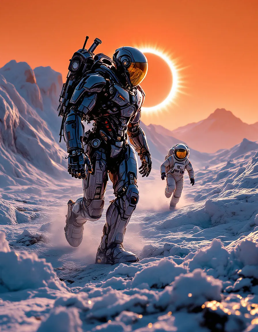 Two figures in spacesuits walking on a snowy landscape with an orange sky and a solar eclipse.